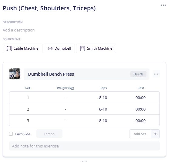 A workout day with sets and reps
