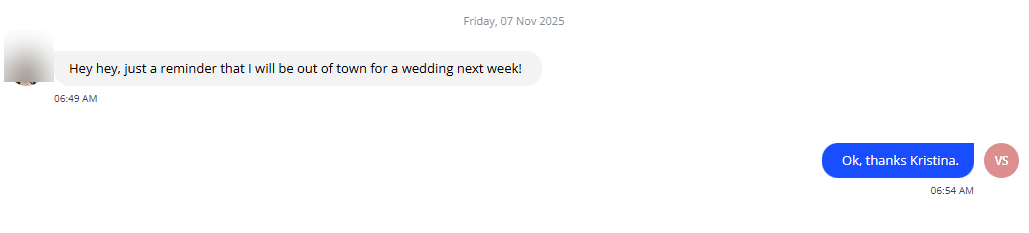A client giving their coach a heads-up about travel, and the coach responding warmly